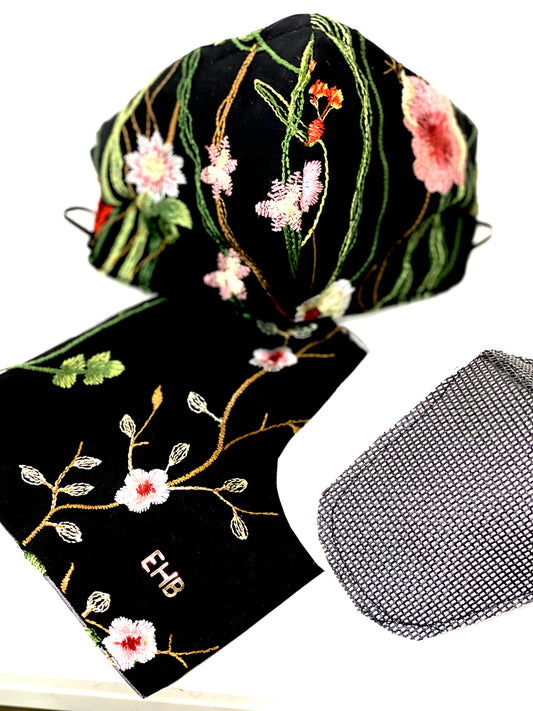 Face Coverings Black with colorful embroidery floral design