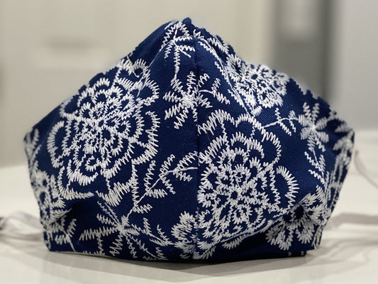 Face Covering Blue with White floral embroidery