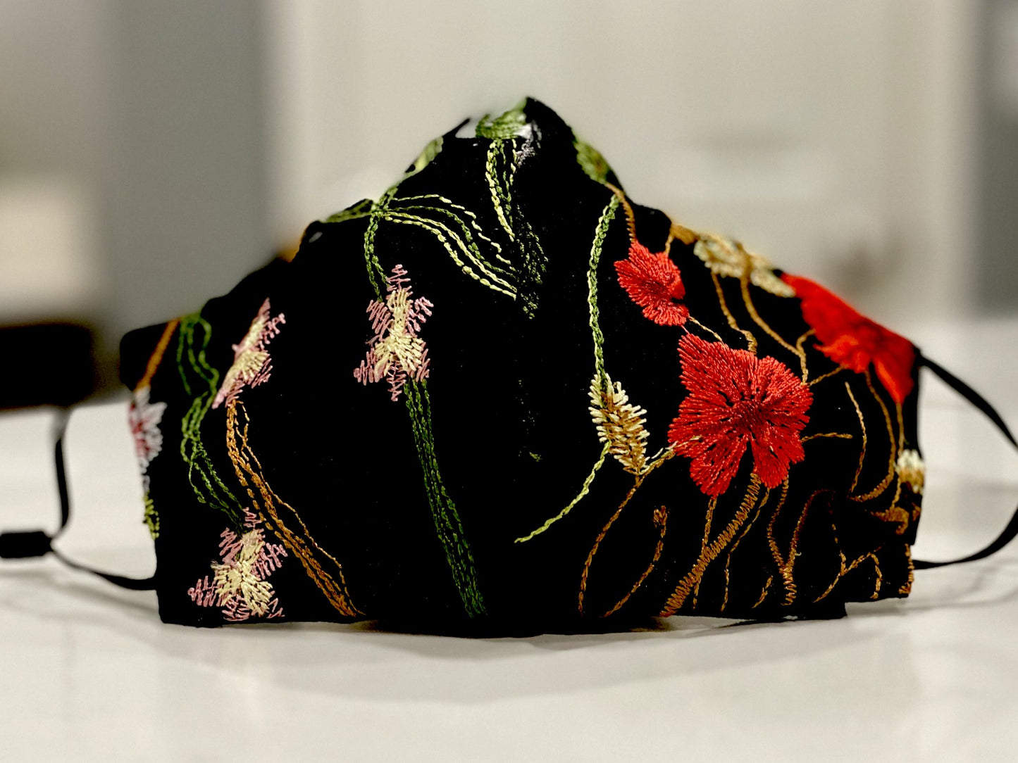 Face Coverings Black with colorful embroidery floral design