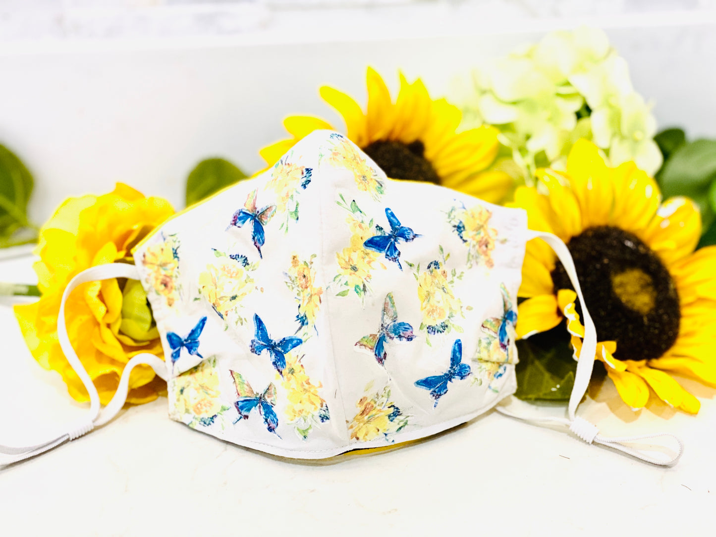Face Coverings White with Yellow Flowers and Butterflies custom designed